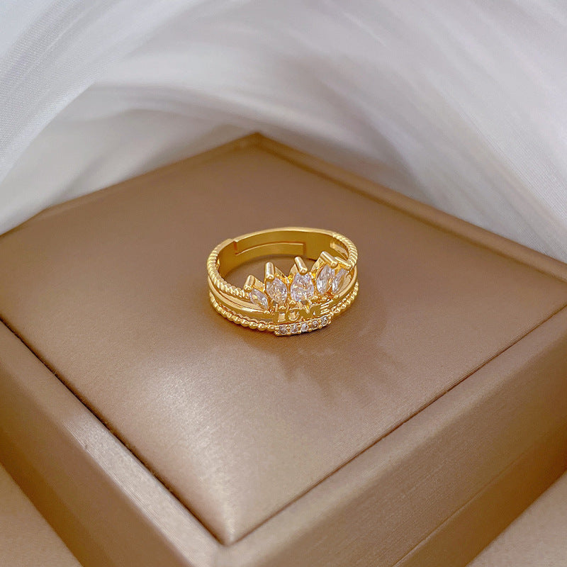 Anello regolabile in ottone placcato oro a forma di corona in stile fumetto da donna con strass a tutto tondo