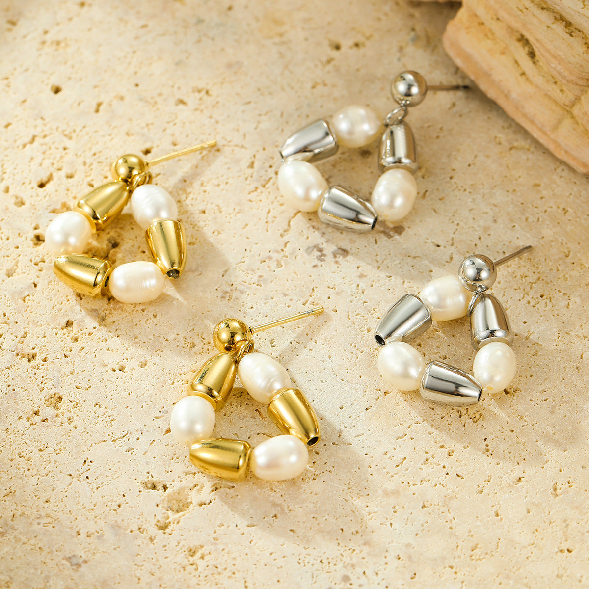 Minimalist Geometric Titanium Steel Stud Earrings with Pearl Inlay for Women, Electroplated Luxury Fashion Accessory
