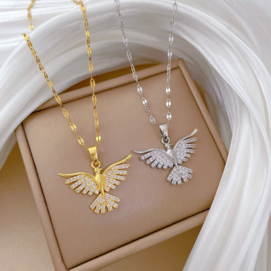 Sweet Geometric Phoenix Titanium Steel Necklace with Brass Pendant for Women