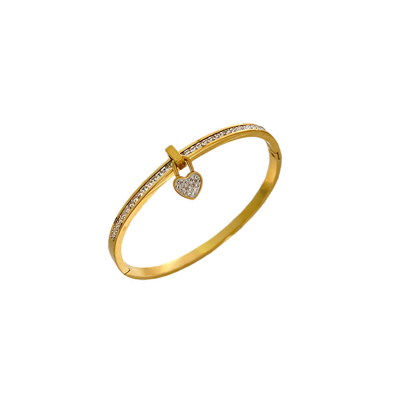 Micro-Paved Diamond Heart Lock Titanium Steel Bracelet for Women