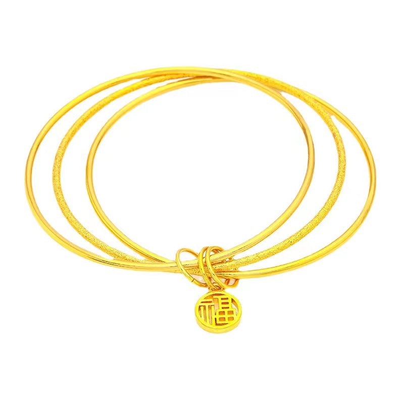 Bracciale da Donna con Campana a Tre Anelli con Carattere di Fortuna, in Lega di Rame Placcata Oro 18K, Design Originale