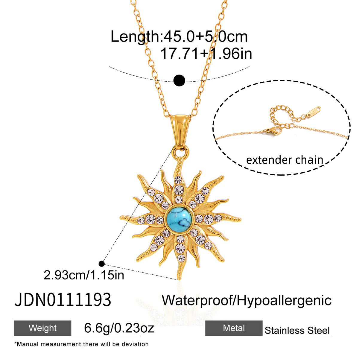 Minimalist Geometric Sun Stainless Steel Necklace with Turquoise and Rhinestone PVD Plated for Women