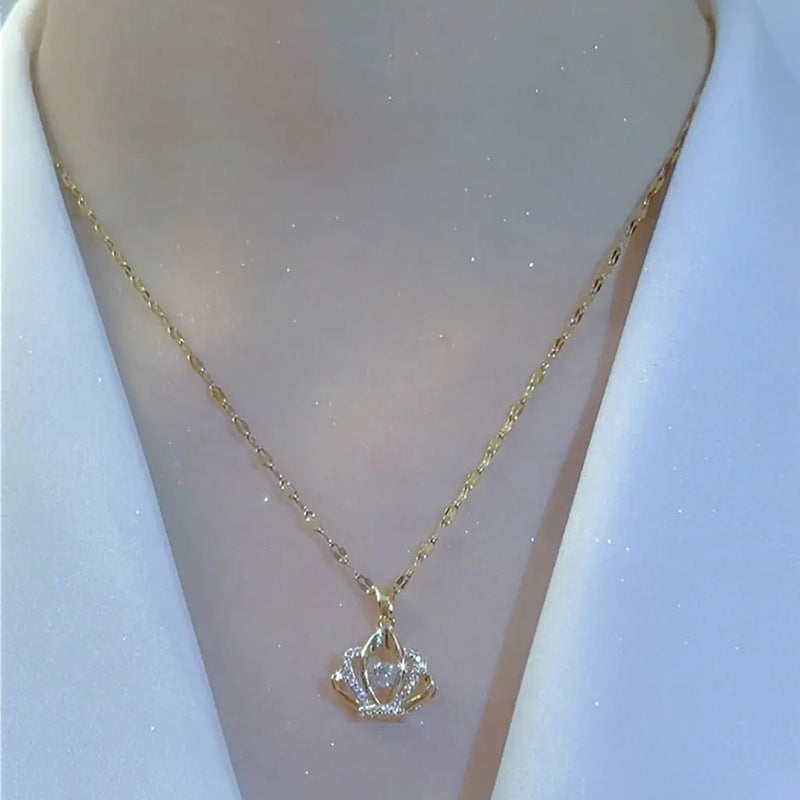 Minimalist Crown Pendant Necklace for Women in Titanium Steel with Gold Plating, Adjustable Clavicle Chain