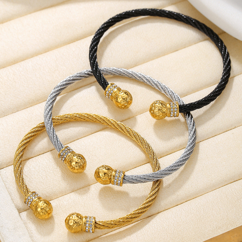 Personalized Luxury Streetwear Gold Plated Round Geometric Polished Titanium Steel Rope Chain Bracelet with Cubic Zirconia for Women