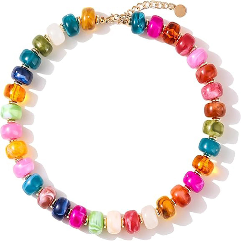 Bohemian Casual Geometric Oval Resin Polished Pendant Ball Chain Necklace for Women
