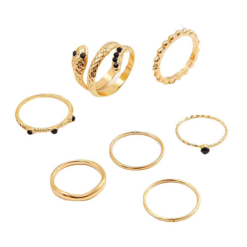 Vintage Punk Geometric Snake Ring Set with Black Rhinestones Alloy Plated 7-Piece Knuckle Rings