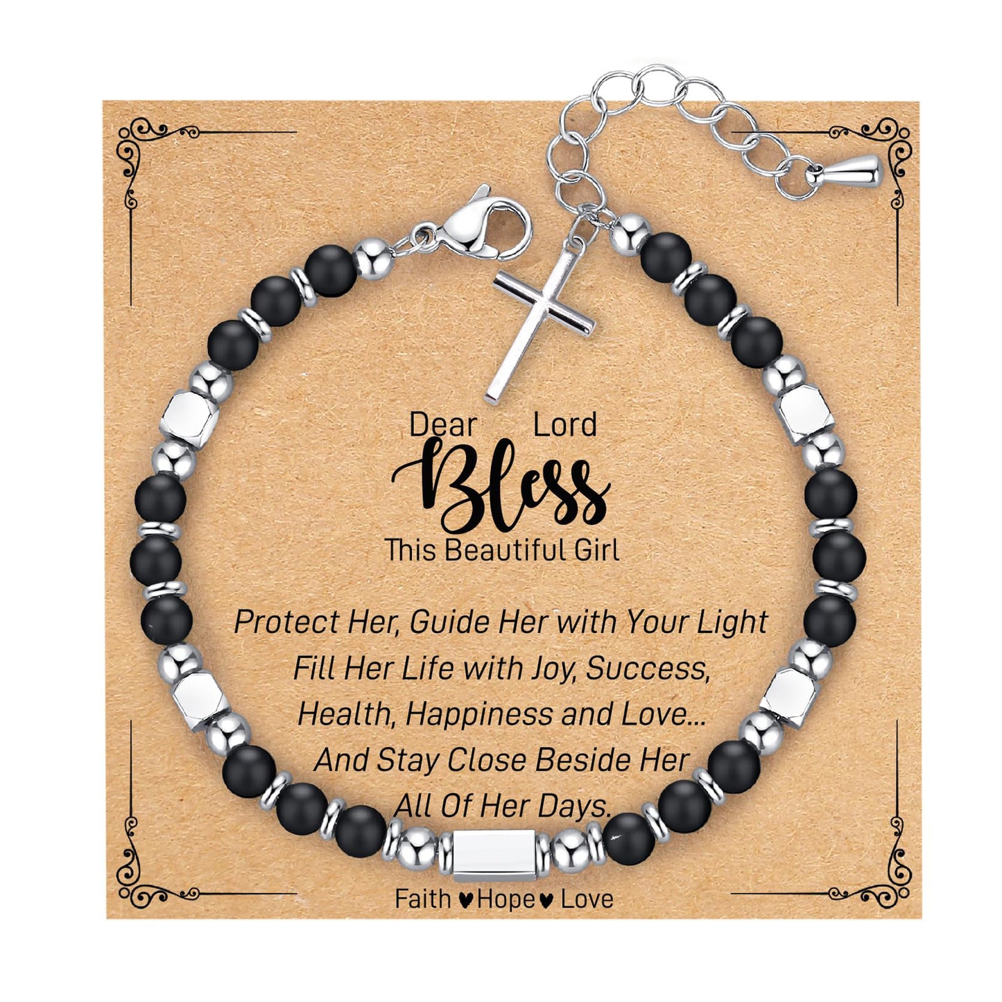 Minimalist Stainless Steel Square Bead Cross Pendant Turquoise Crystal Adjustable Bracelet