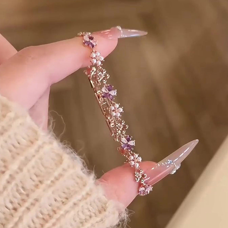 Elegant Floral Pearl Bracelet with Zircon Inlay for Women, Luxury Minimalist Hand Jewelry