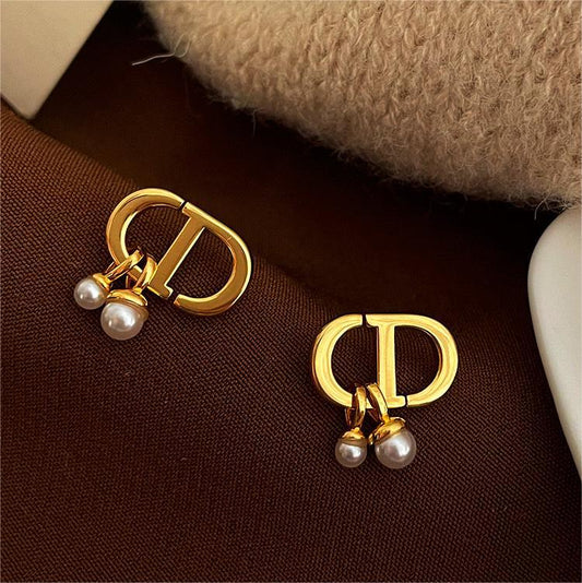 Minimalist Geometric Pearl Dangle Stud Earrings in Titanium Steel with Plated Finish for Women