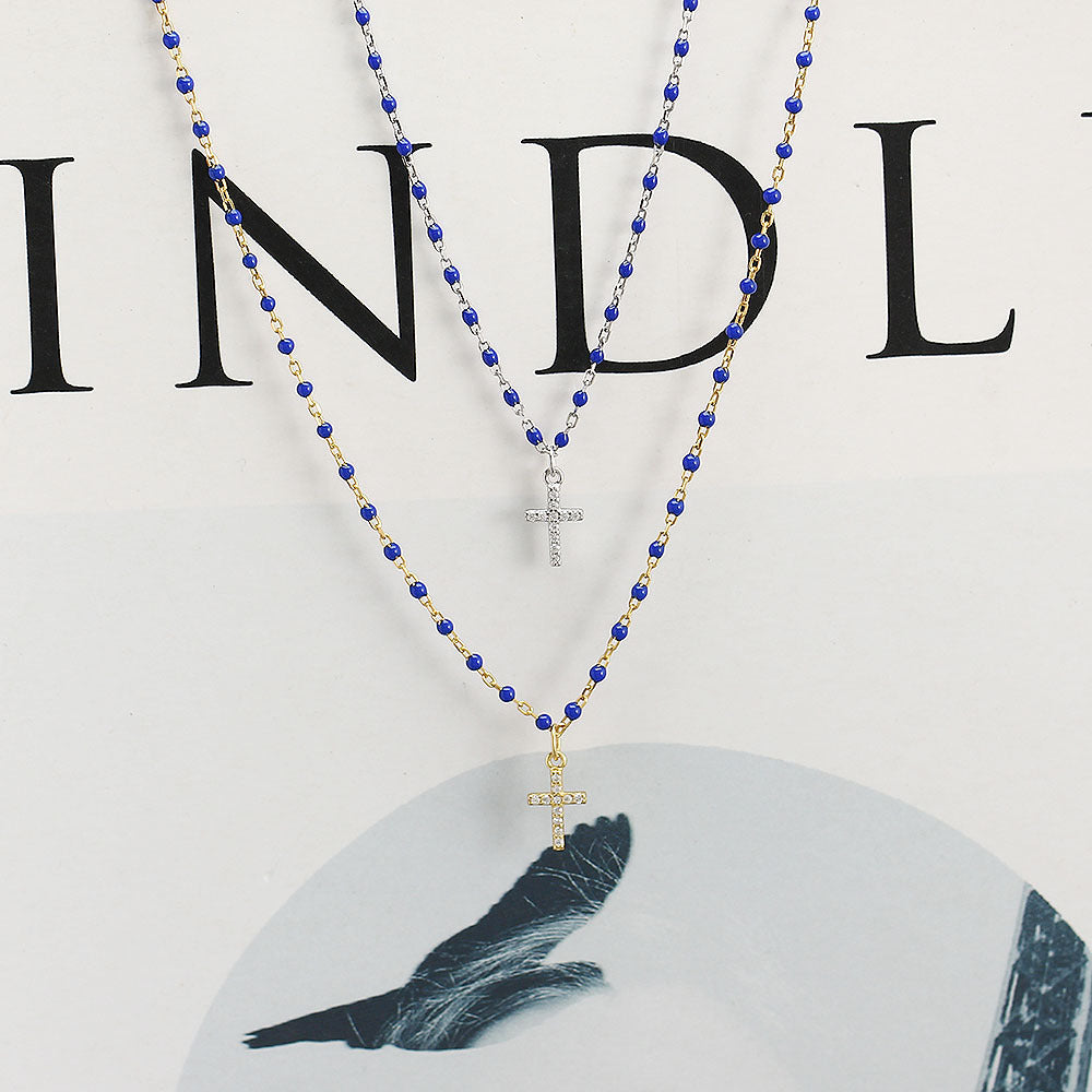 S925 Sterling Silver Cross Pendant Necklace with Rhinestone Inlay, Minimalist Luxury Design for Women, Resin Coated, Fashion Casual