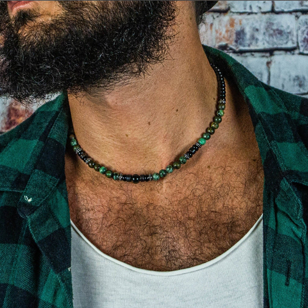 Punk Geometric Round Turquoise Beaded Necklace Stainless Steel Ball Chain Unisex