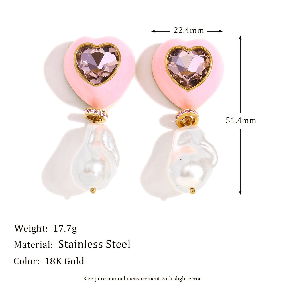 Fashionable Heart-Shaped Stainless Steel Earrings with 18K Gold Plating and Enamel Finish for Women