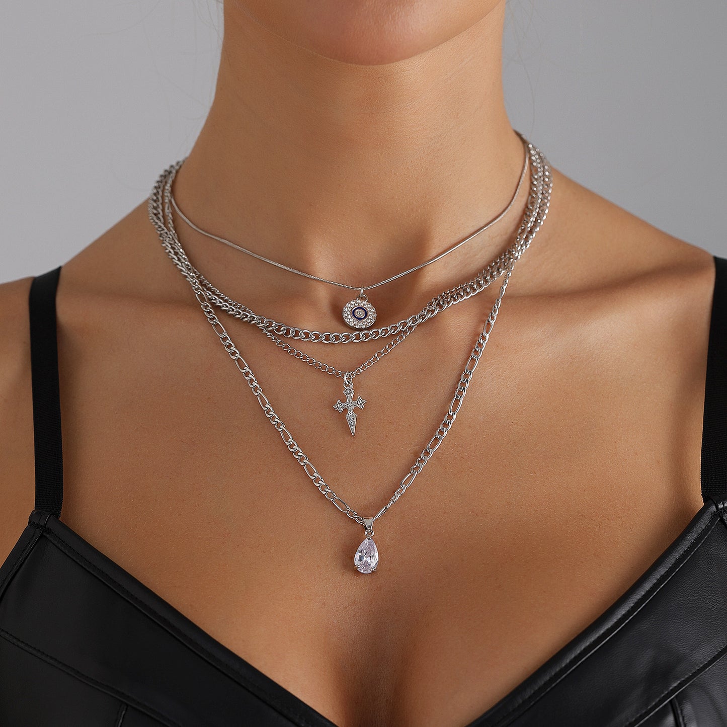 Gothic Geometric Cross Teardrop Alloy Plated Necklace for Women