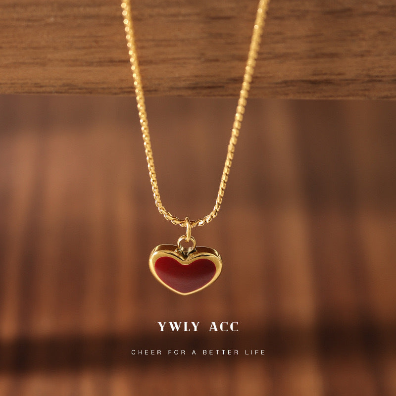 Minimalist Heart-Shaped Enamel Pendant Necklace in Titanium Steel with Snake Chain for Women