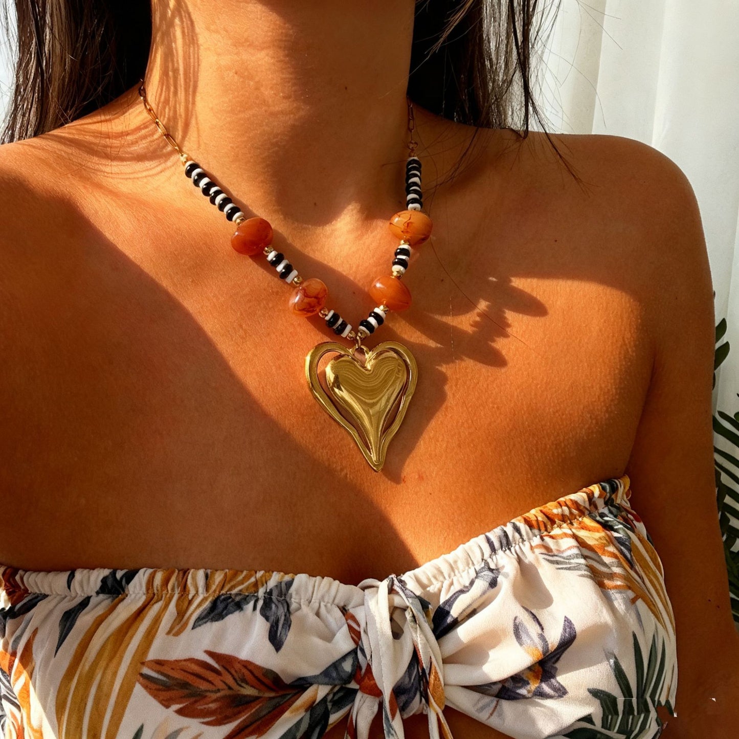 Sweet Streetwear Colorful Resin Beaded Heart Stainless Steel Pendant Ball Chain Necklace for Women