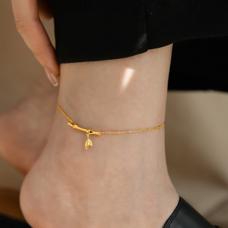 Minimalist Bamboo-Shaped Anklet for Women Made of Titanium Steel with 18K Gold Plating, Hypoallergenic and Fade-Resistant