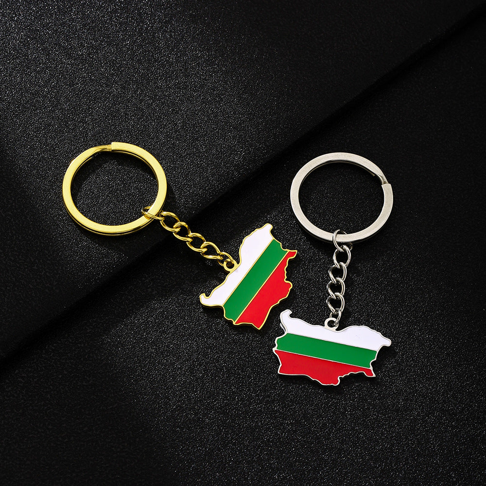 Llavero Vintage de Acero Inoxidable Esmaltado Estilo Étnico con Mapa de Bulgaria y Bandera