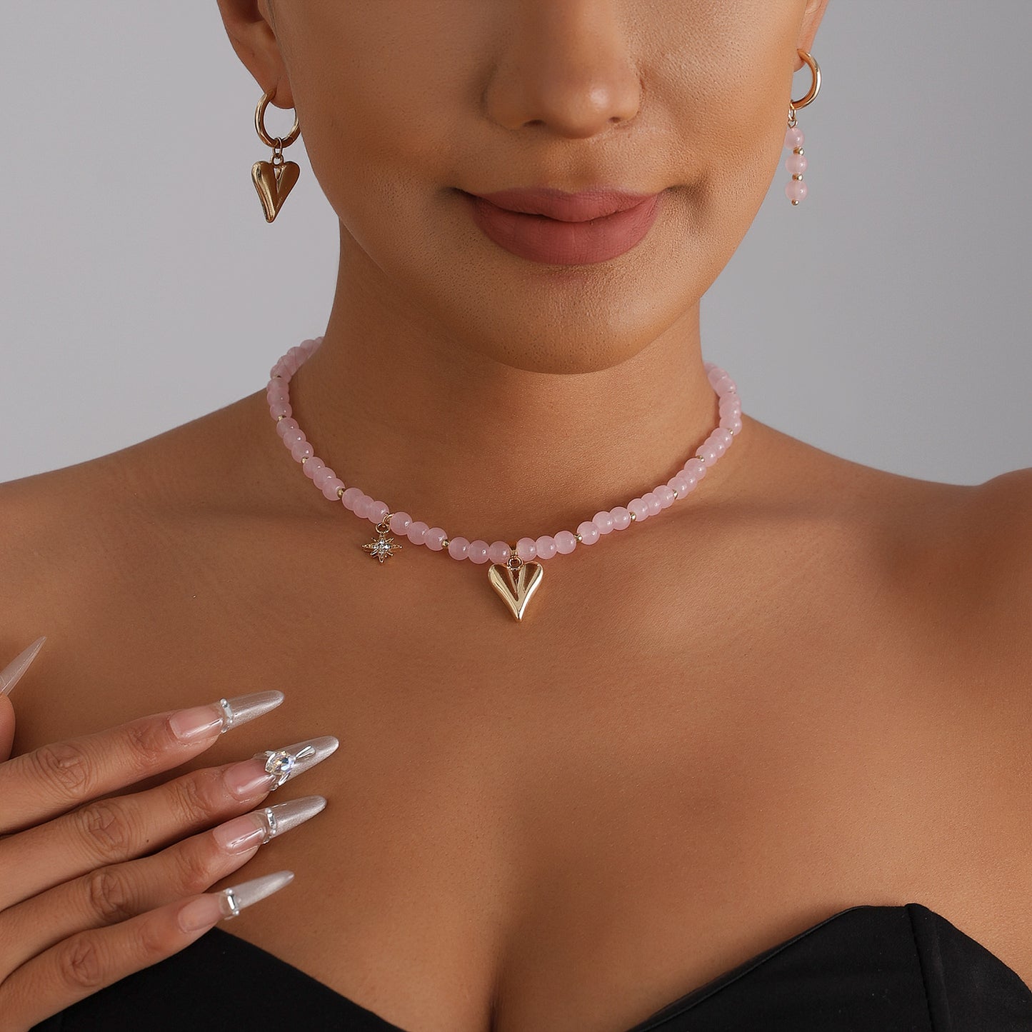 Pink Heart Geometric Beaded Necklace ABS Alloy Plated Pendant for Women
