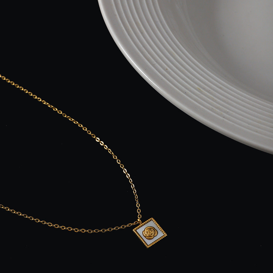 Elegant Romantic Rose-Embossed Geometric Pendant Necklace for Women in Titanium Steel with Plated Finish and O-Chain