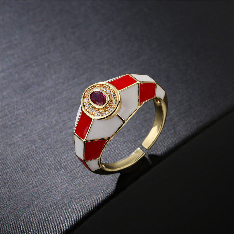 Sweet 18K Gold Plated Square Geometric Brass Ring with Drip Oil and Cubic Zirconia Inlay for Women