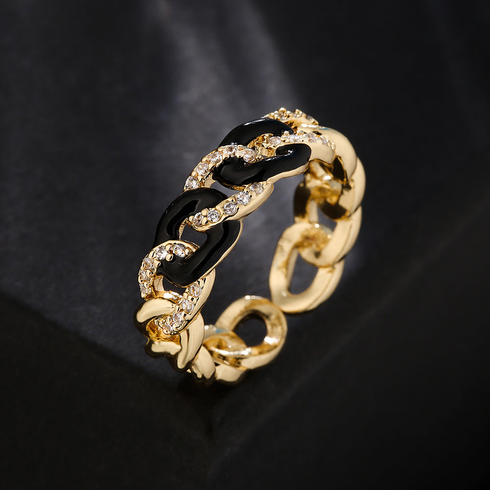 Anello aperto geometrico minimalista da donna in rame placcato oro 18 carati con zirconi micro-incastonati