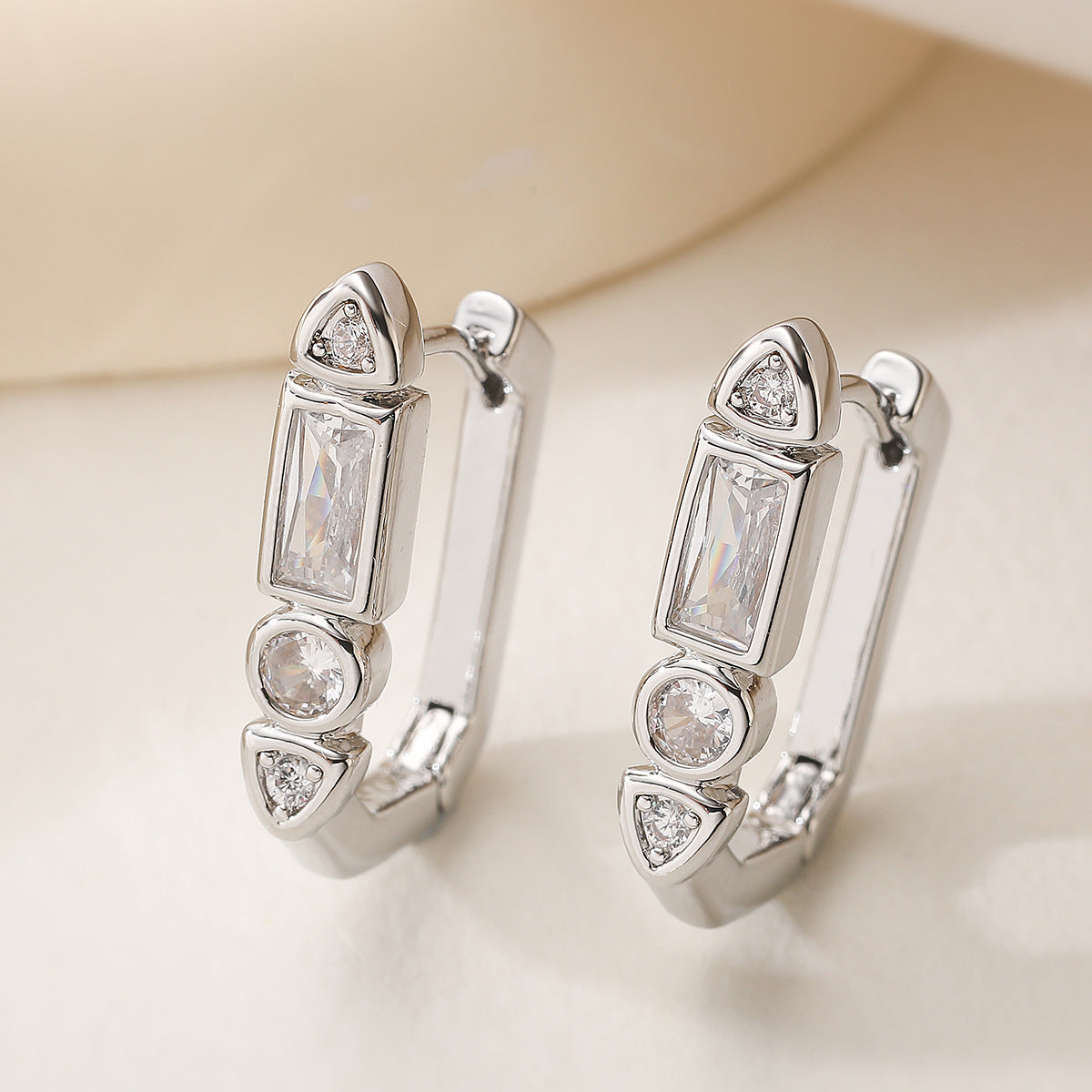 Minimalist Geometric Brass Gold Plated Cubic Zirconia Hoop Earrings for Women