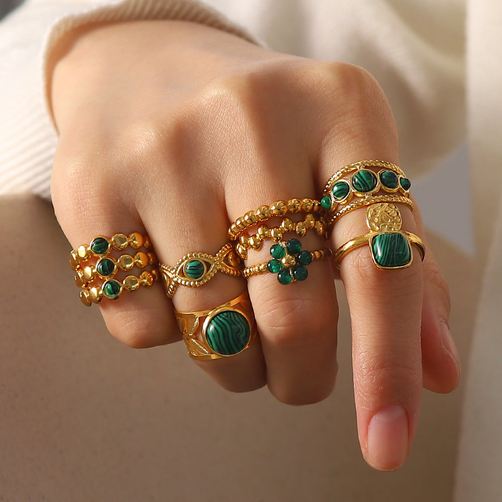 Vintage Minimalist 18K Gold Plated Green Natural Stone Open Ring for Women