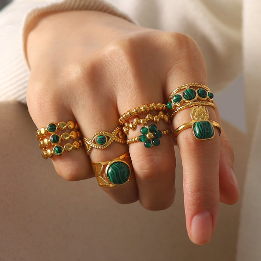 Vintage Minimalist 18K Gold Plated Green Natural Stone Open Ring for Women