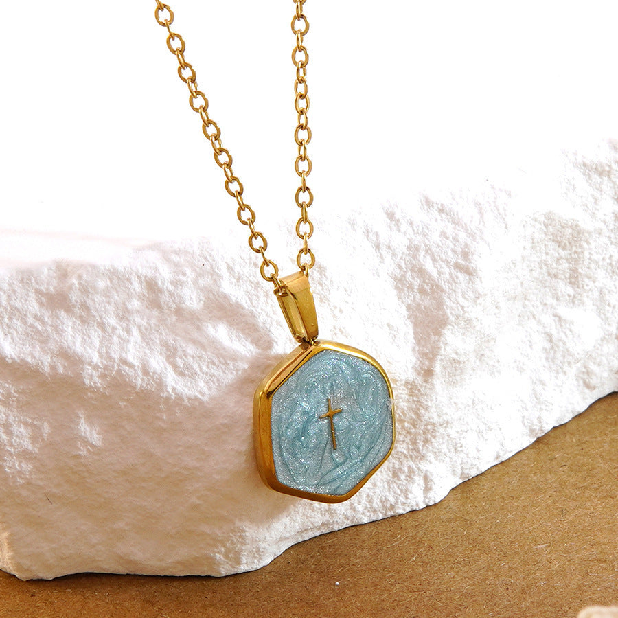 Collana da donna in acciaio inossidabile placcato olio a goccia, geometrica, croce, lusso minimalista