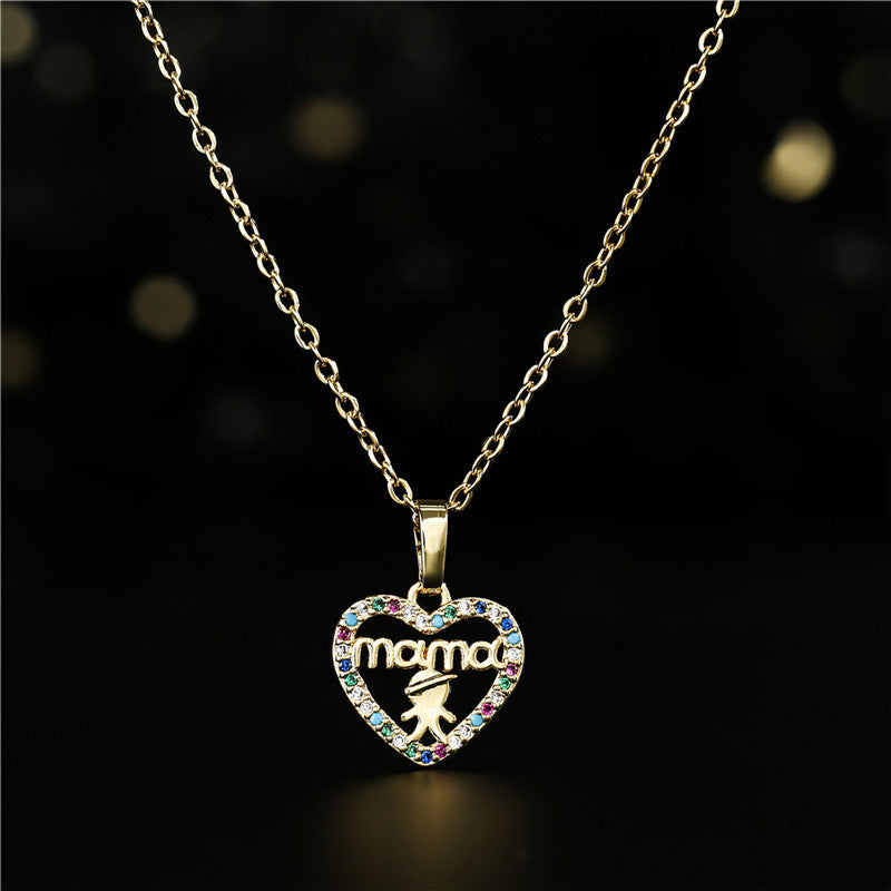 Heart Letter MAMA Pendant Necklace Brass Micro-Inlaid Cubic Zirconia Cable Chain