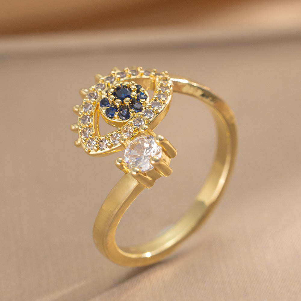 Luxury Minimalist Adjustable Open Ring for Women with Gold-Plated Copper Band and Zircon Stone Accent in Heart and Floral Shape