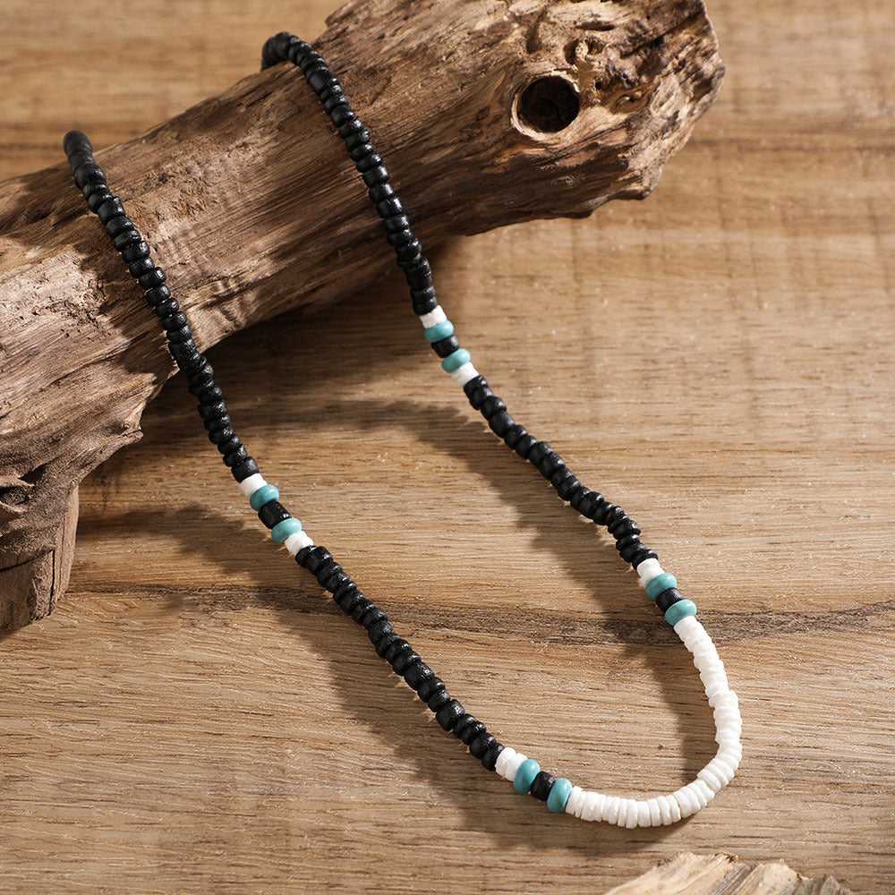 Unisex Handmade Geometric Coconut Shell and Turquoise Beaded Necklace