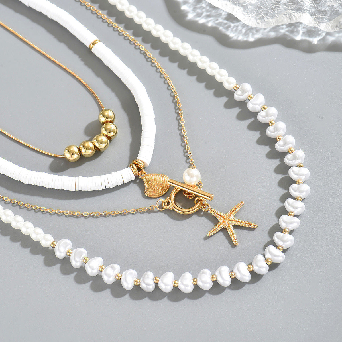 Minimalist Geometric Long Clavicle Necklace Set for Women with Pearl and Shell Pendant Zinc Alloy Chain