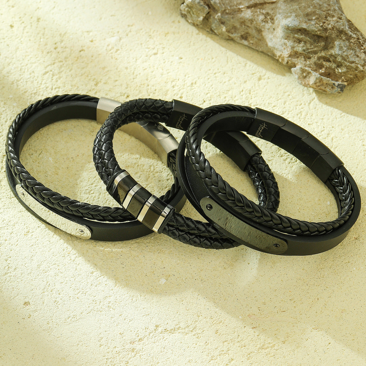 Minimalist Vintage Braided Leather Bracelet for Women with Stainless Steel Clasp and Electroplated Finish