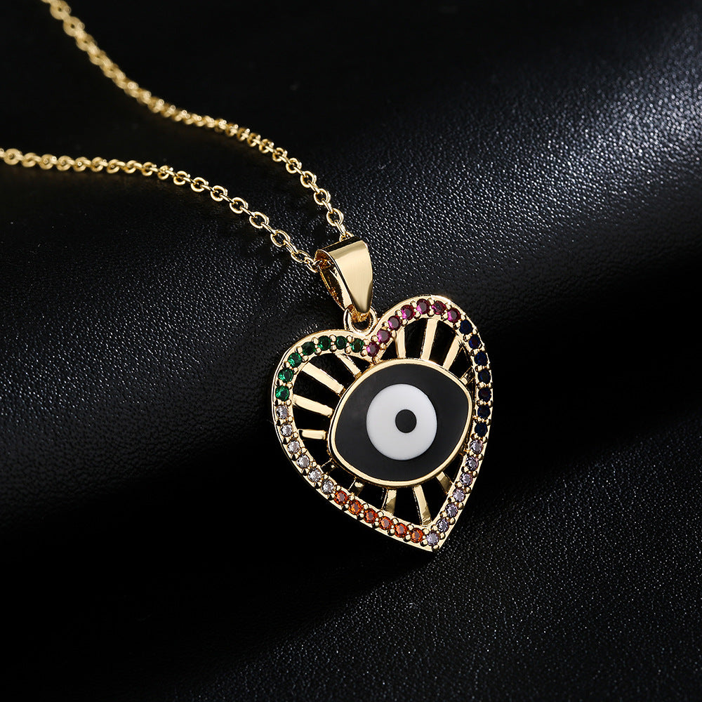 Minimalist Lucky Heart Enamel Evil Eye Pendant Necklace for Women in Brass with 18K Gold Plating and Colored Zircon