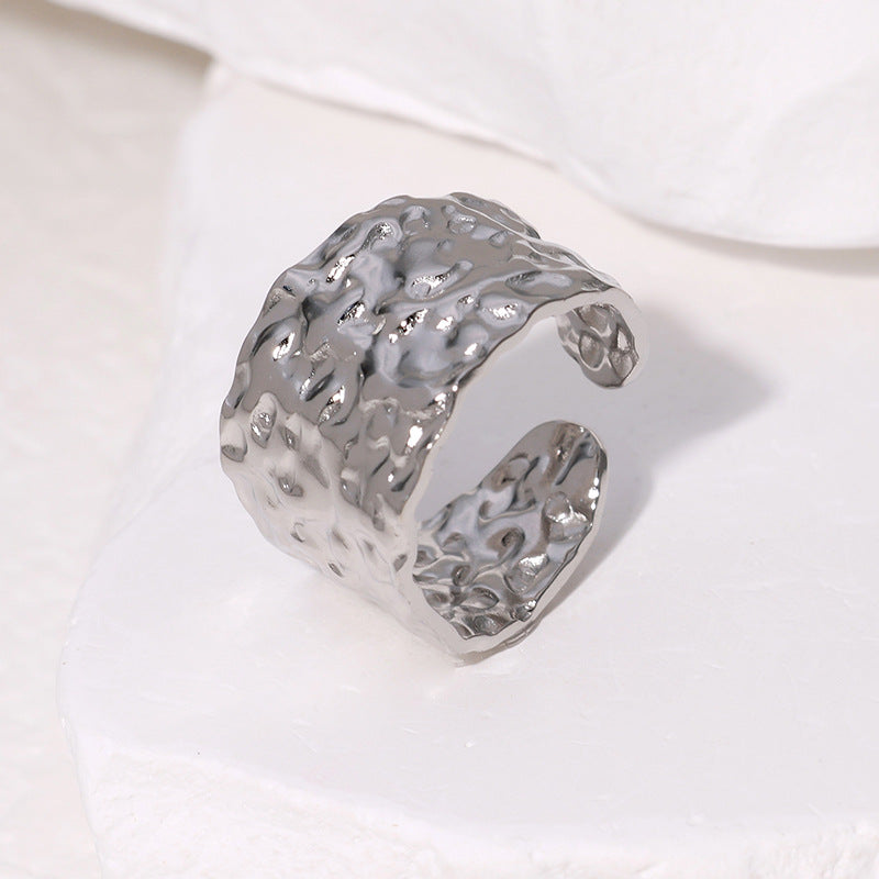 Minimalist Irregular Hammered Texture Titanium Steel Open Ring for Women with 18K Gold Plating
