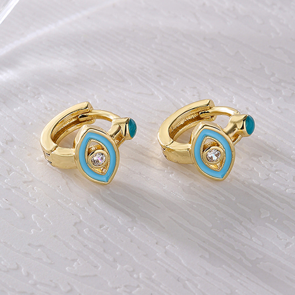 Minimalist Geometric Copper Earrings with 18K Gold Plating and Enamel-Finished Zirconia Eye Accents for Women