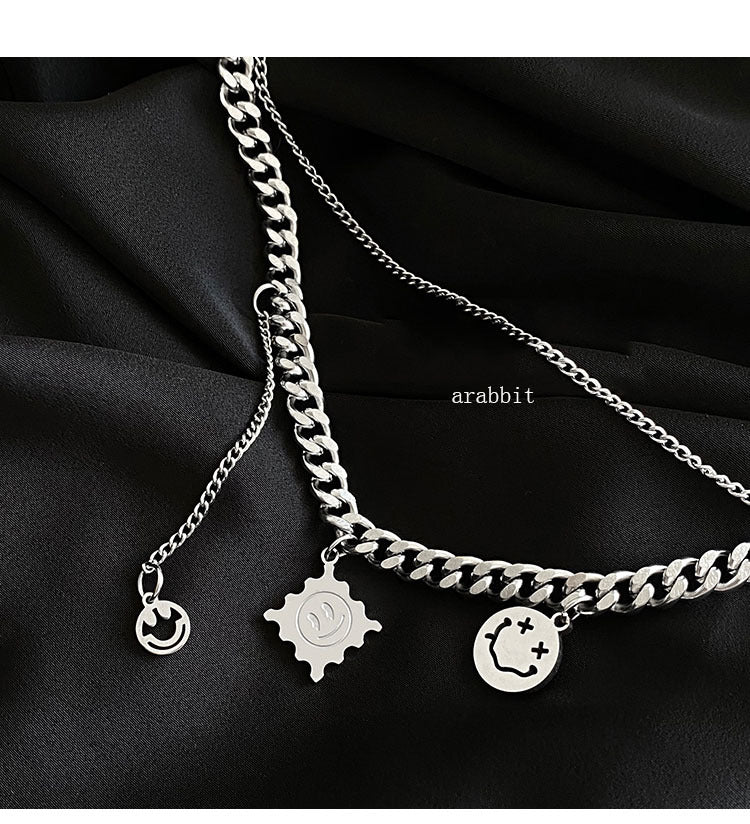 Minimalist Smile Pendant Necklace in Polished Titanium Steel for Women and Men, Geometric Design Layered Clavicle Chain