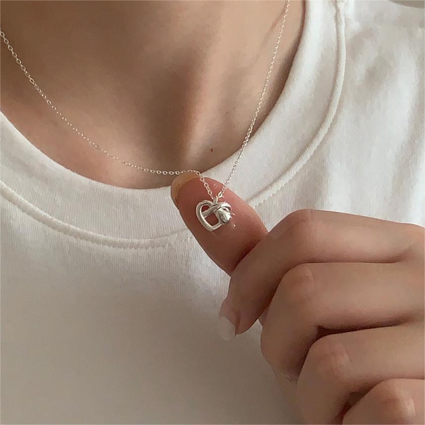 Minimalist Heart-Shaped 925 Sterling Silver Necklace with Plated Finish on Cross Chain