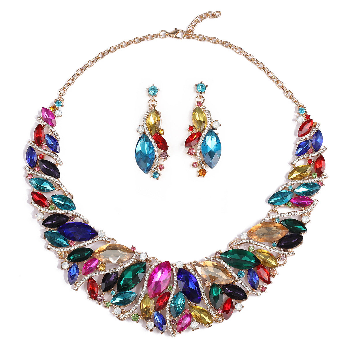 Exaggerated Geometric Style Alloy Necklace and Earrings Set with Rhinestone Inlay and Gold Plating for Wedding Formal Events