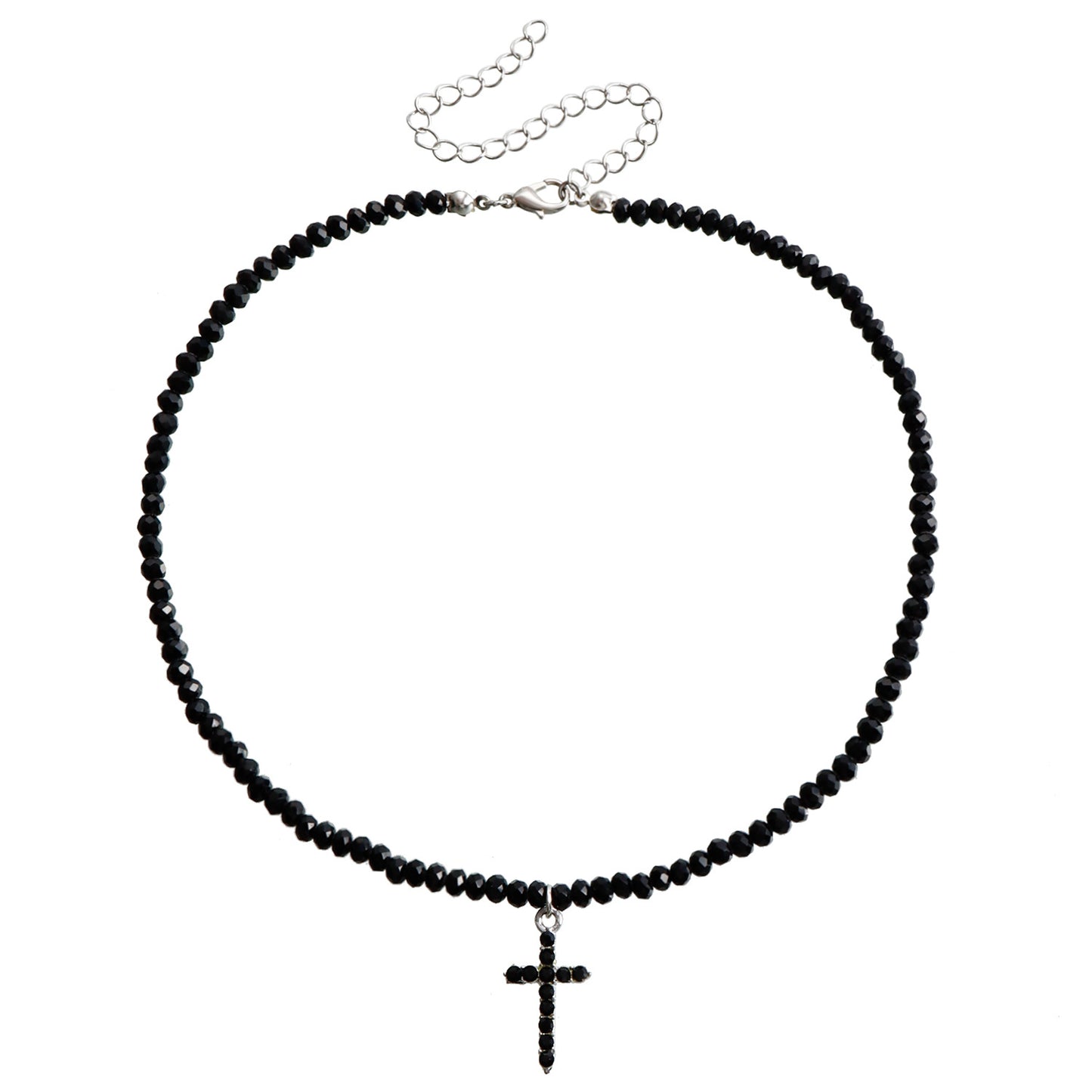 Minimalist Cross Pendant Necklace with Black Crystal Beads on Choker Chain for Women