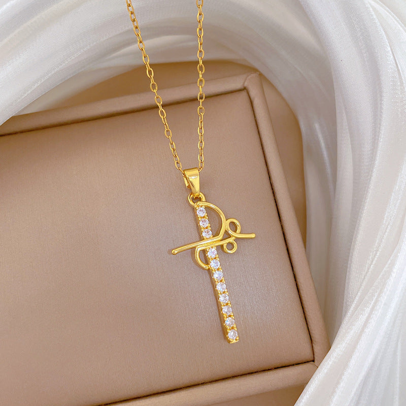 Sweet Minimalist Geometric Cross Rhinestone Pendant Titanium Steel Necklace for Unisex