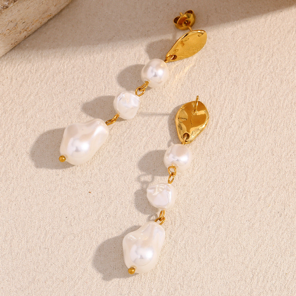 Fashionable OL Style Geometric Stainless Steel Earrings with 18K Gold Plating and Three Simulated Pearl Pendants for Women
