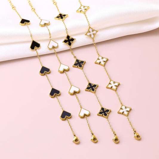Minimalist Elegant 18K Gold Plated Stainless Steel Heart Geometric Floral Bracelet