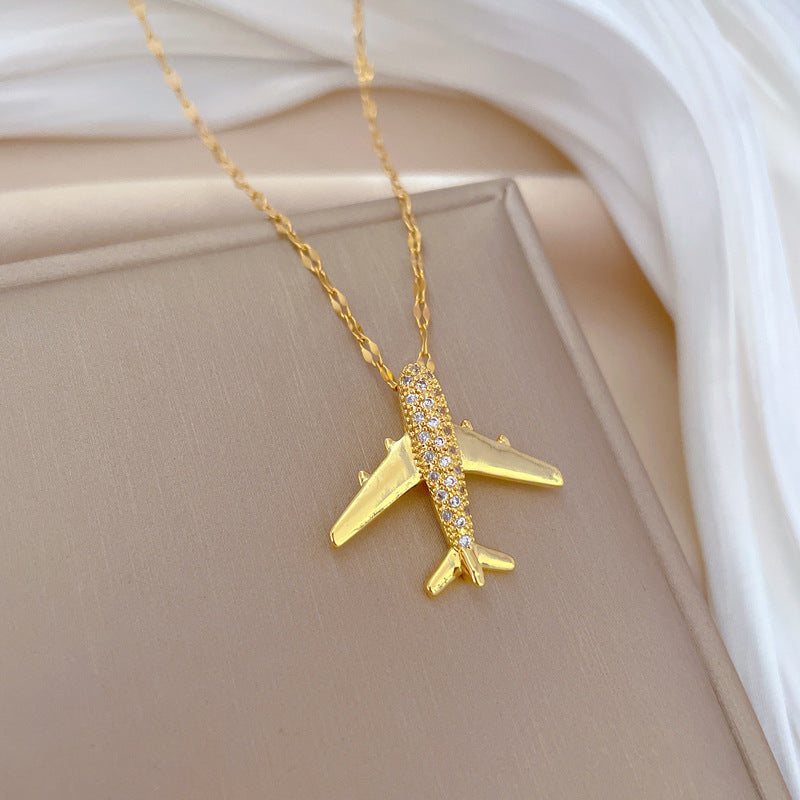 Collar con colgante de avión de lujo con diamantes de imitación, cadena de clavícula geométrica de acero de titanio