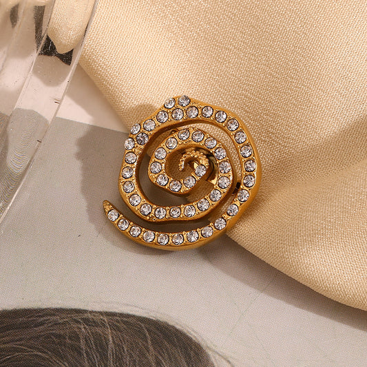 Minimalist Geometric Swirl Brooch in Stainless Steel with 18K Gold Plating and Micro-Pave White Rhinestones