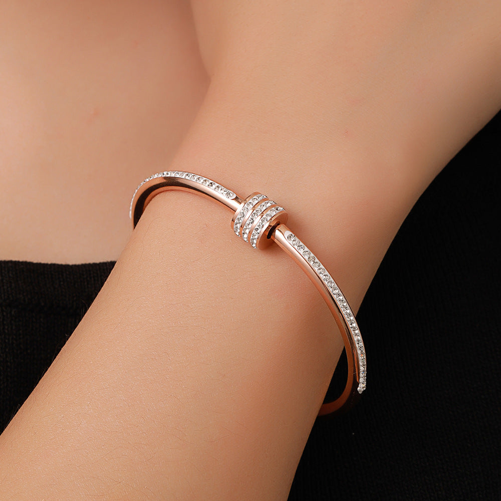 Geometric Round Rhinestone Inlaid Titanium Steel Plated Bracelet for Unisex