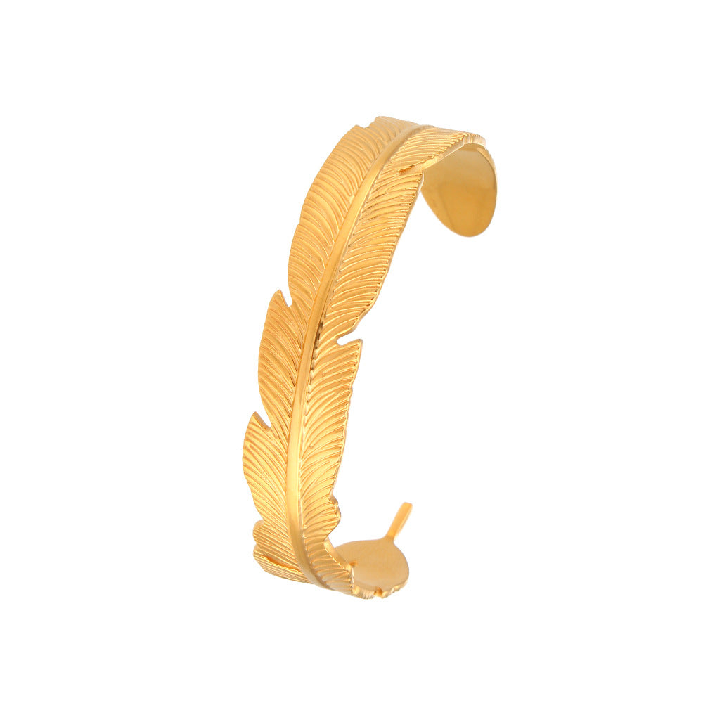 Braccialetto Minimalista in Acciaio Inossidabile con Placcatura in Oro 18K, Design a Foglia Aperta da Donna