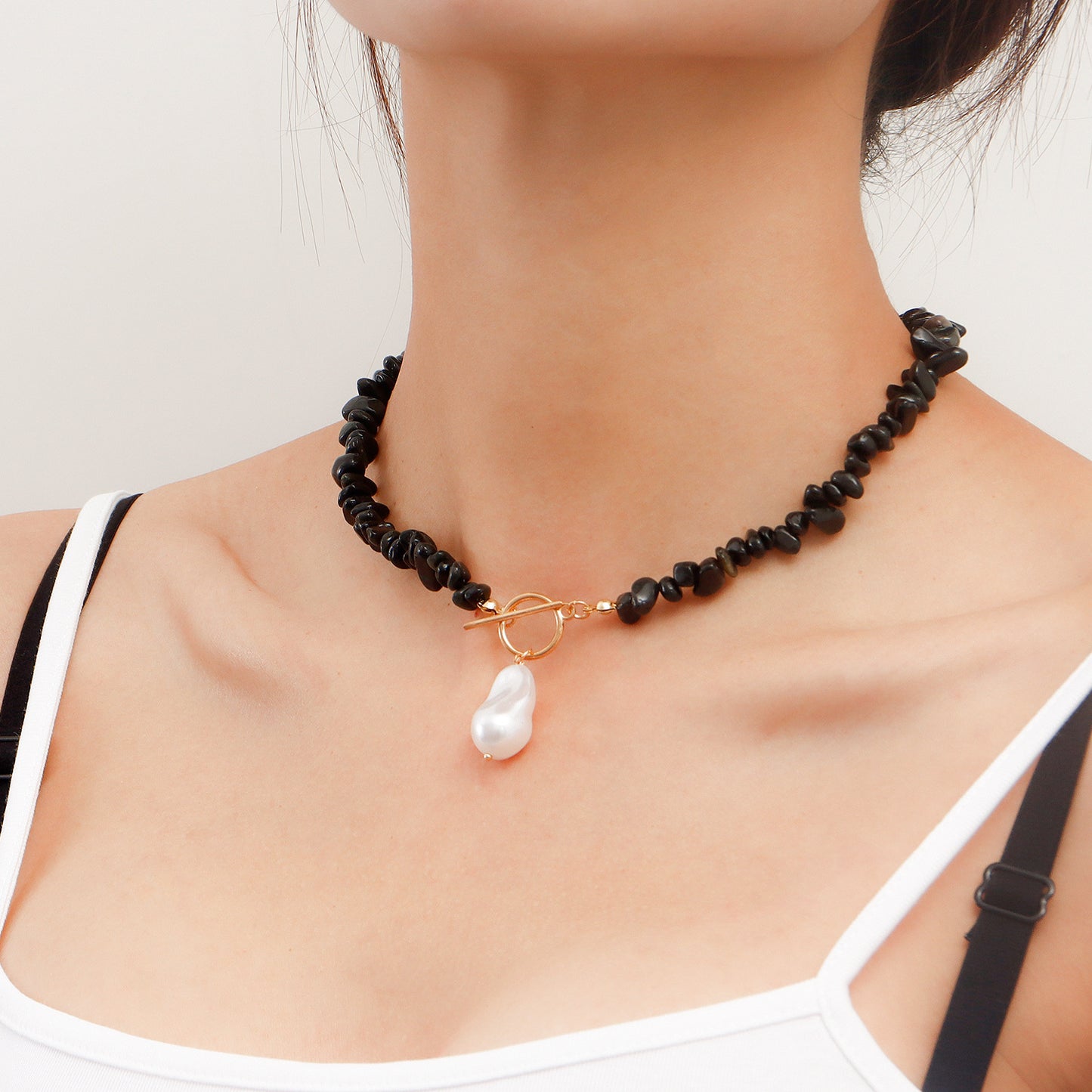 Minimalist Geometric Pendant Necklace for Women with Black Natural Stone Inlay and Large Pearl Charm on Alloy Chain with Plated Finish