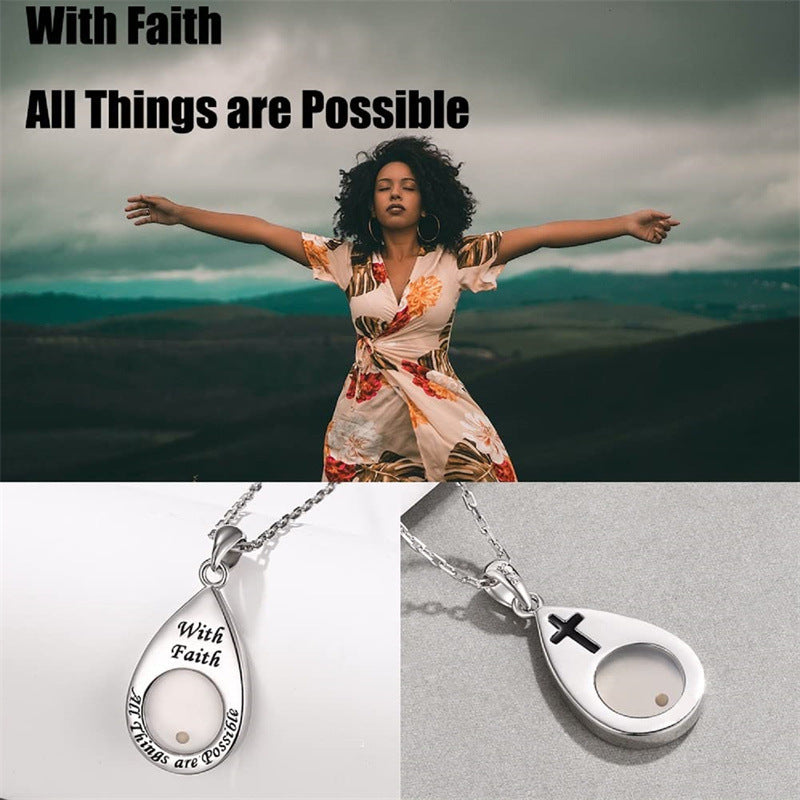 Minimalist Teardrop-Shaped Cross Pendant Necklace in Stainless Steel with Polished Titanium Steel Droplet
